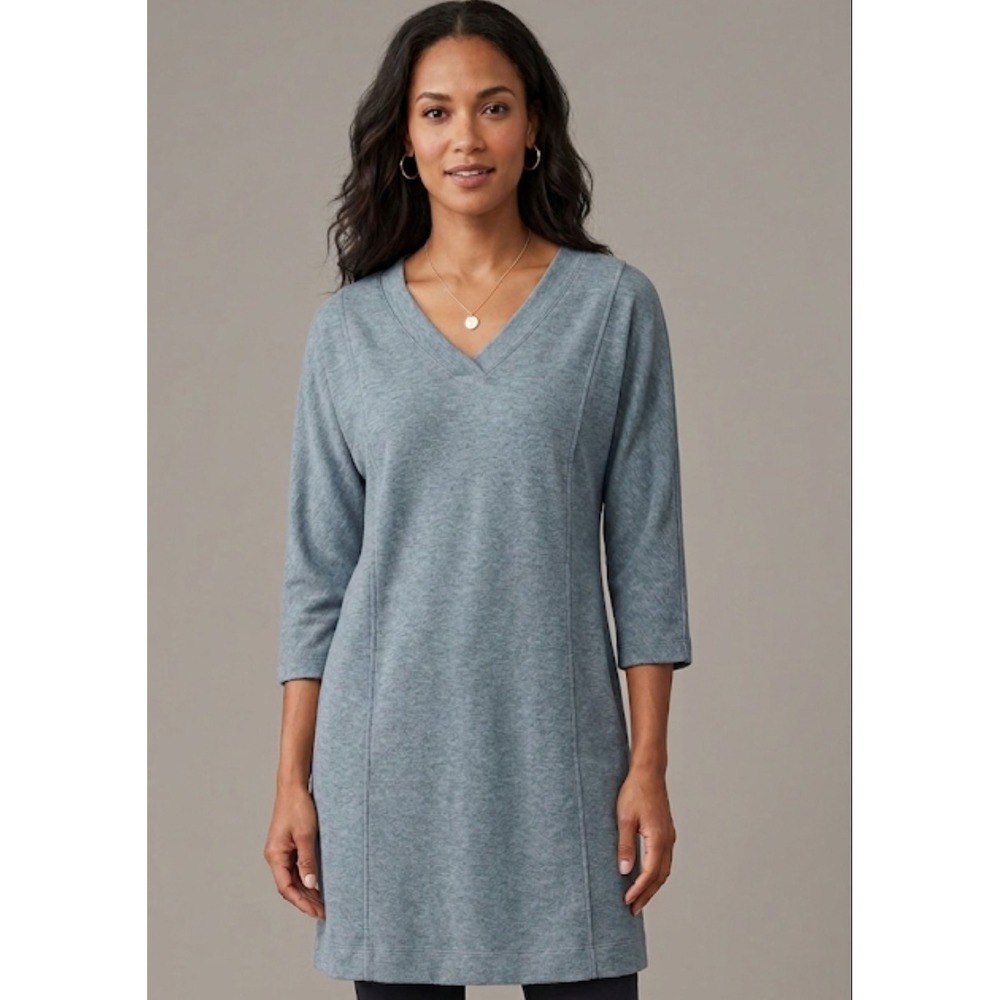 J Jill Pure SZ L Tranquility Fleece V Neck 3/4 Sleeve Dress Tunic Blue Gray 432